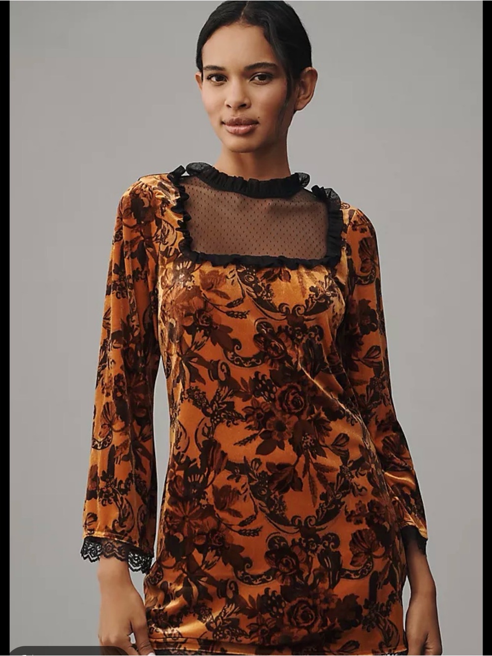 Maeve Burnt Orange Velvet Floral Long Sleeve Top with Black Mesh Yoke